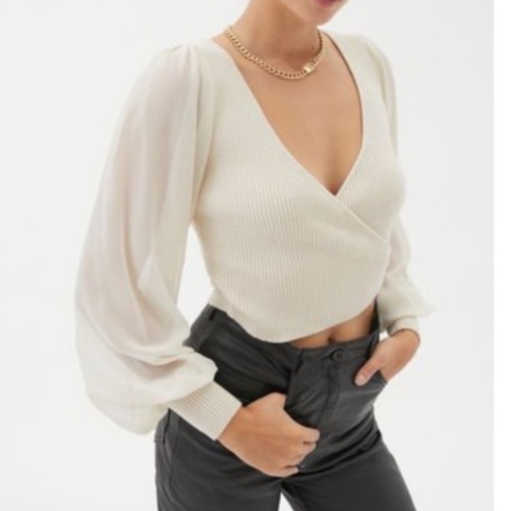 UO Organza Sleeve Surplice Sweater